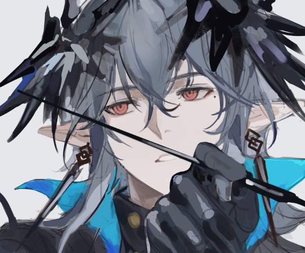 1boy, arknights, black_gloves, commentary_request, demon_boy, demon_horns, earrings, gloves