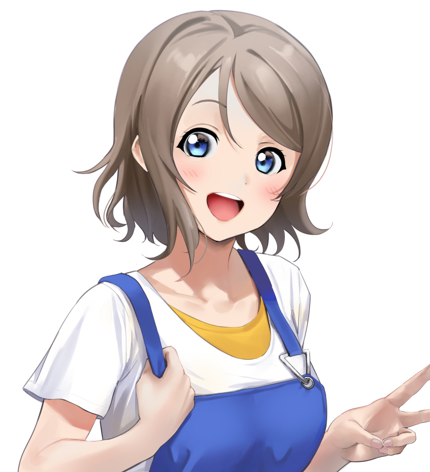 1girl, :d, absurdres, blue_eyes, blue_suspenders, blush, breasts, collarbone