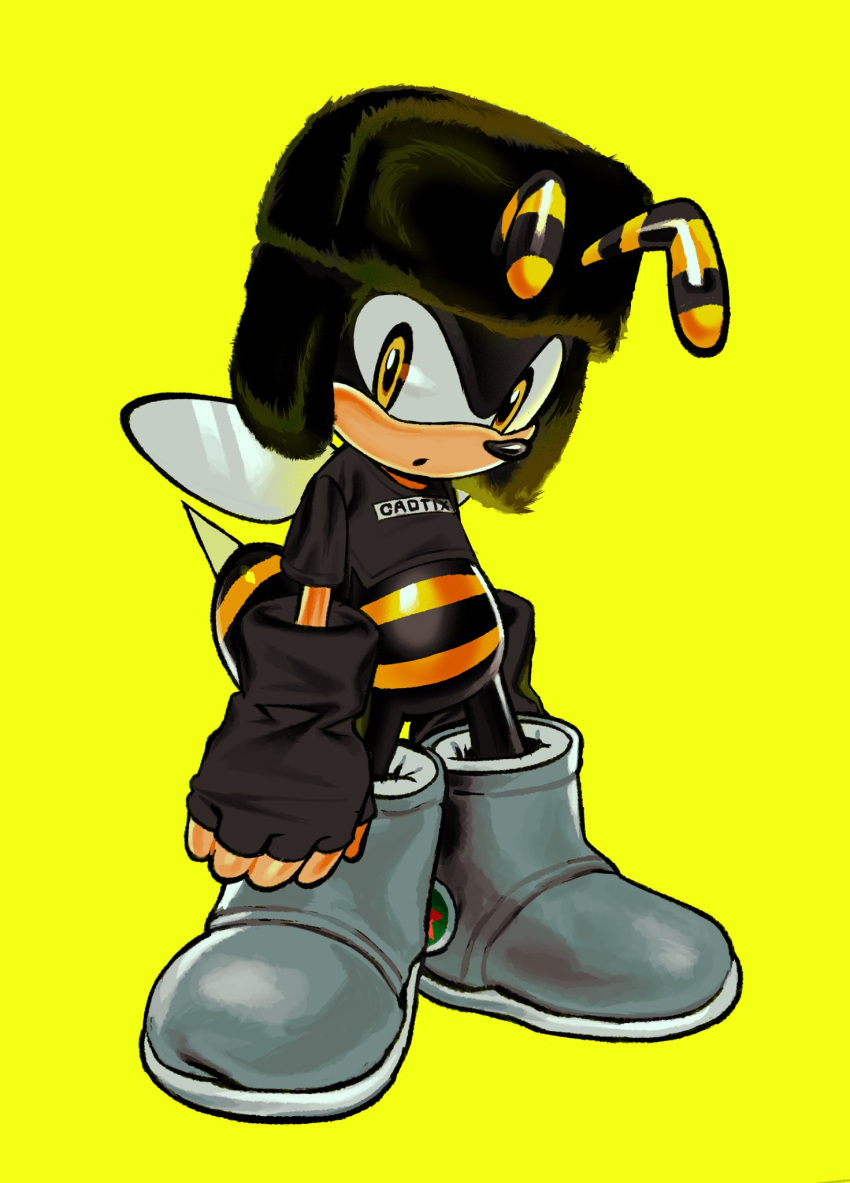 abdomen_tail, alternate_costume, animal_nose, antennae, bee_boy, black_gloves, black_shirt, boots
