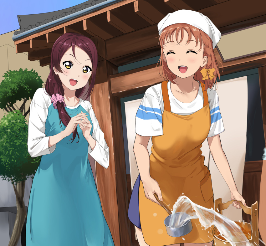 2girls, ^_^, absurdres, apron, aqua_dress, blue_skirt, bow, braid