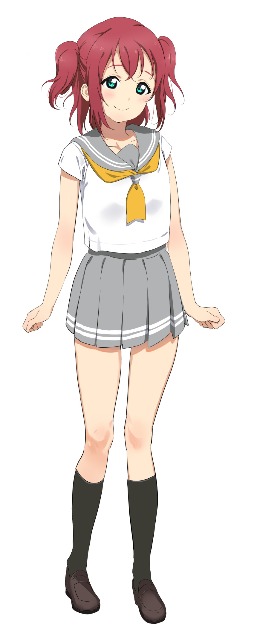 1girl, absurdres, aqua_eyes, arms_at_sides, black_socks, blush, breasts, brown_footwear, closed_mouth, collarbone, full_body, grey_sailor_collar, grey_skirt, highres, kneehighs, kurosawa_ruby, loafers, love_live!, love_live!_sunshine!!, miniskirt, moshi_(0364p), neckerchief, pleated_skirt, redhead, sailor_collar, school_uniform, serafuku, shirt, shoes, short_sleeves, simple_background, skirt, small_breasts, smile, socks, solo, split_mouth, standing, summer_uniform, tachi-e, two_side_up, uranohoshi_school_uniform, white_background, white_shirt, yellow_neckerchief