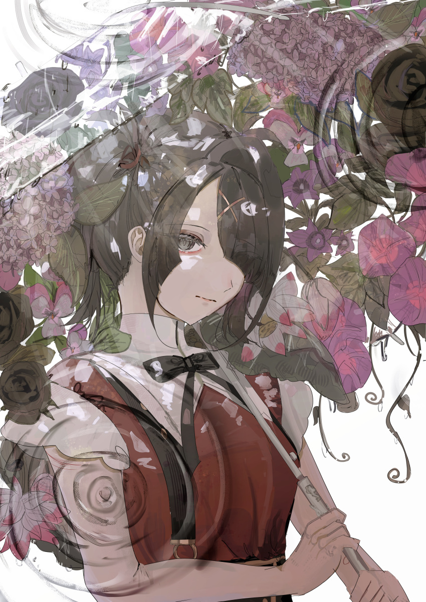 1girl, absurdres, ame-chan_(needy_girl_overdose), black_eyes, black_hair, black_ribbon, flower_request, hair_ornament, hair_over_one_eye, high_collar, highres, jirai_kei, long_hair, looking_at_viewer, miira_miira, neck_ribbon, needy_girl_overdose, red_shirt, ribbon, ripples, shirt, single_hair_intake, skirt, solo, suspender_skirt, suspenders, transparent, transparent_umbrella, twintails, umbrella, x_hair_ornament