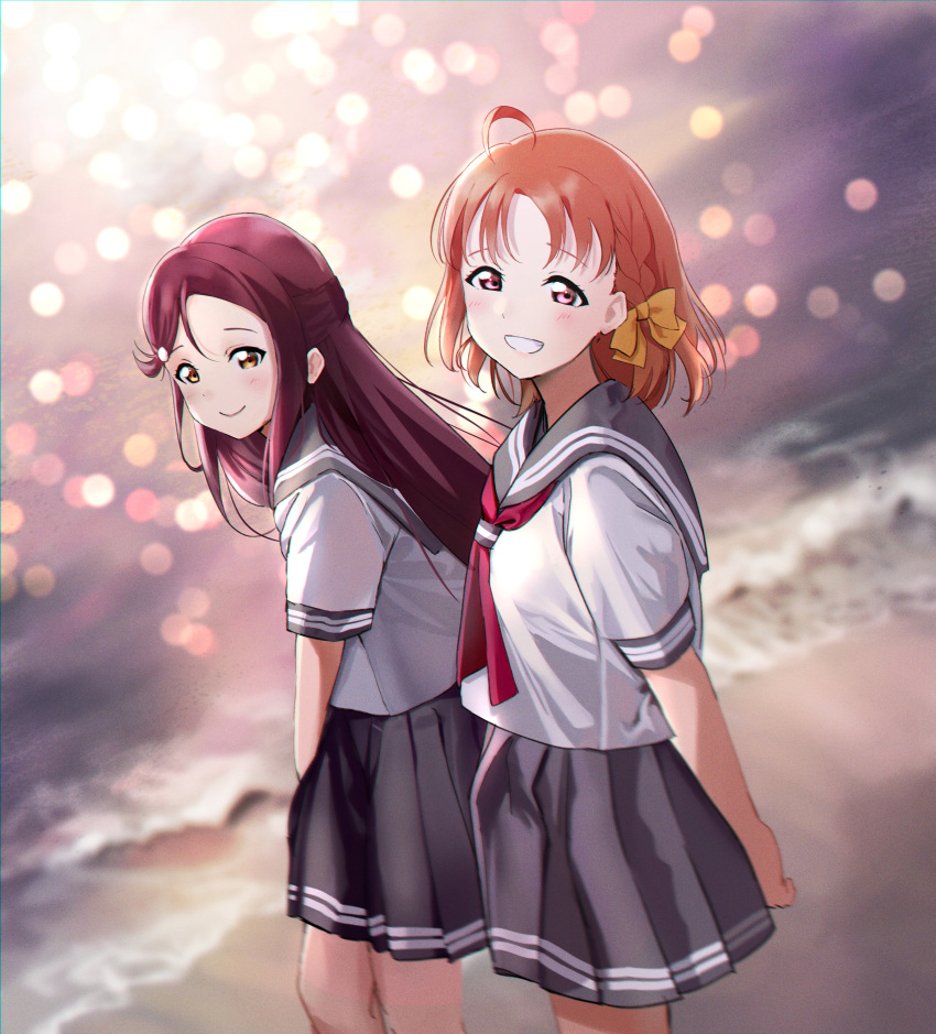 2girls, :d, absurdres, ahoge, arms_behind_back, beach, blurry, blurry_background