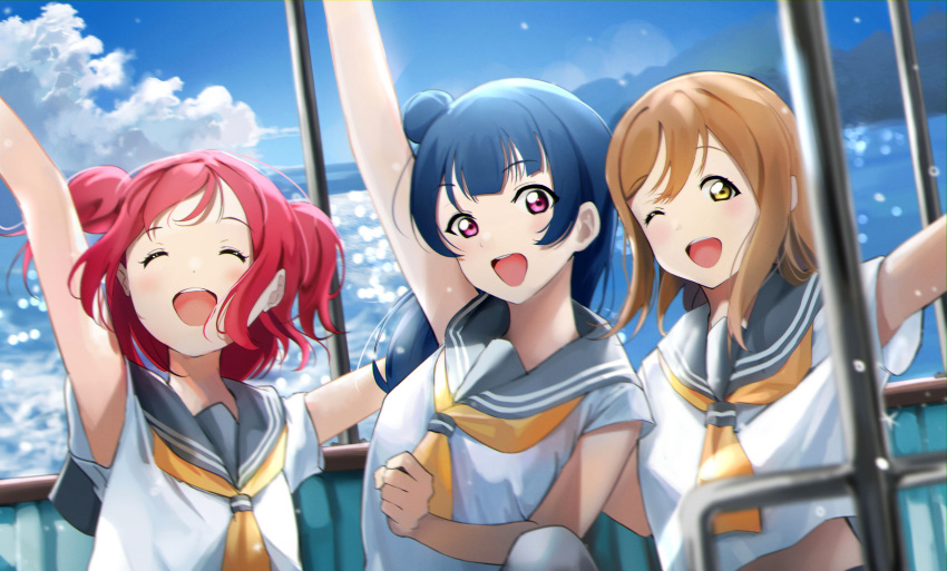 3girls, :d, ;d, ^_^, absurdres, arms_up, blue_hair, blue_sky