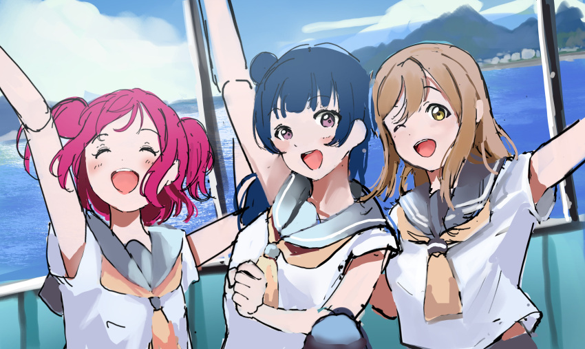 3girls, :d, ;d, ^_^, absurdres, arms_up, blue_hair, blue_sky