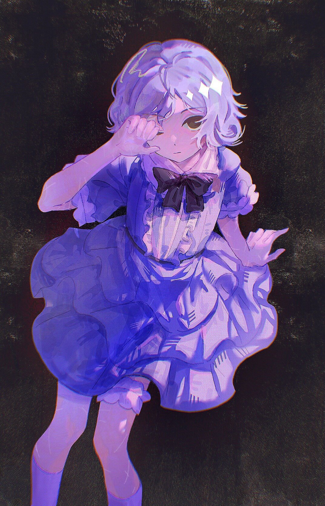 1boy, androgynous, bags_under_eyes, black_background, black_bow, black_eyes, bow, cropped_legs