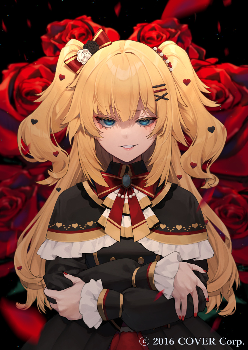 1girl, akai_haato, akai_haato_(gothic_lolita), black_capelet, black_dress, blonde_hair, blue_eyes, bow, bowtie, buttons, capelet, clenched_teeth, commentary_request, copyright_notice, double-breasted, dress, fingernails, flower, frilled_capelet, frills, hair_bow, hair_ornament, heart, heart_hair_ornament, highres, hololive, long_hair, long_sleeves, looking_at_viewer, mikan_(chipstar182), nail_polish, official_alternate_costume, official_alternate_hairstyle, official_art, red_bow, red_bowtie, red_flower, red_nails, red_ribbon, red_rose, ribbon, rose, solo, teeth, two_side_up, upper_body, virtual_youtuber