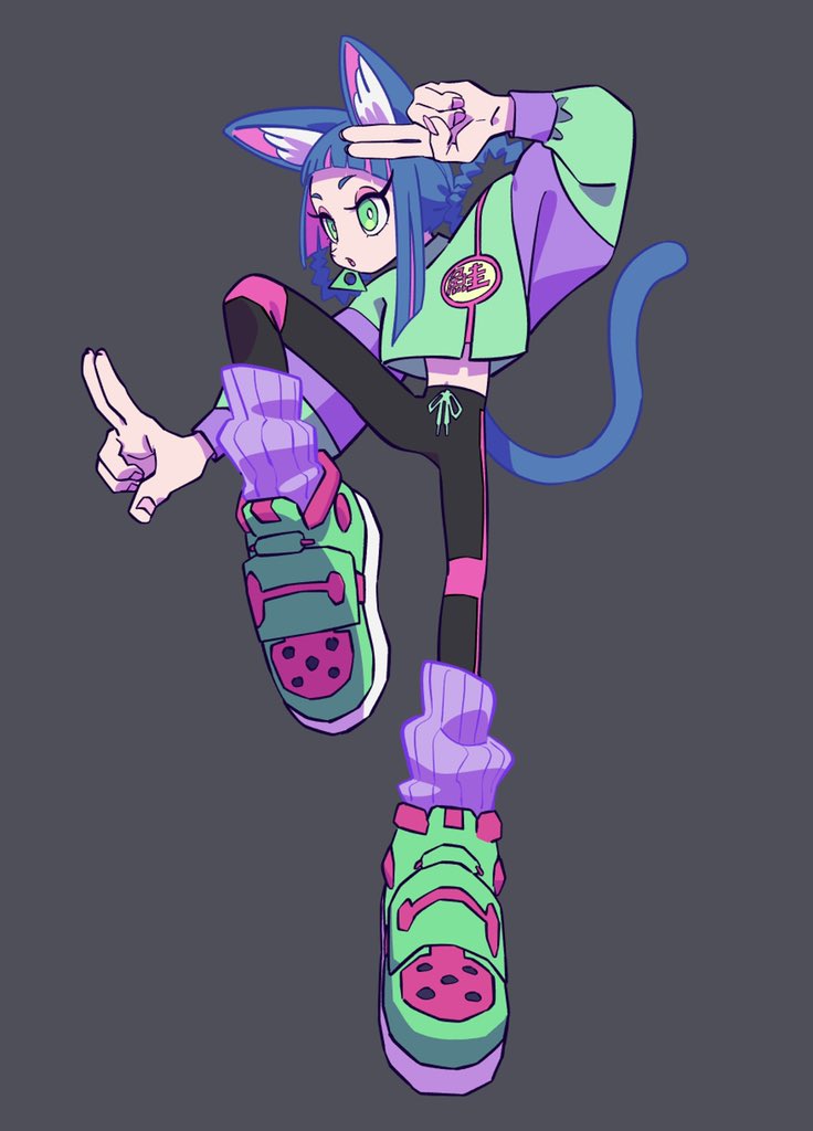 1girl, 2020, alternate_costume, alternate_hairstyle, animal_ears, black_pants, blue_hair, cat_ears
