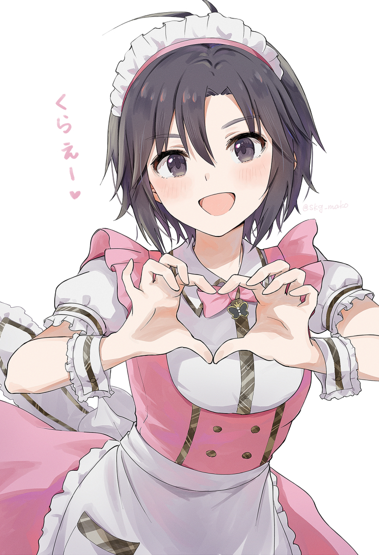 1girl, antenna_hair, apron, black_eyes, black_hair, blush, bow, bowtie