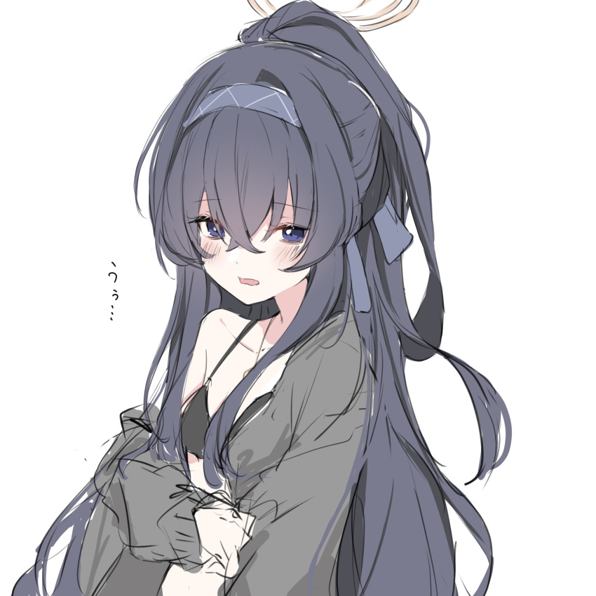 1girl, black_bikini_bottom, black_hair, blue_archive, blue_eyes, blush, breasts, cardigan, collarbone, dot_nose, grey_cardigan, hair_between_eyes, highres, jewelry, long_hair, long_sleeves, looking_at_viewer, necklace, open_mouth, simple_background, sketch, small_breasts, solo, translation_request, ui_(blue_archive), ui_(swimsuit)_(blue_archive), very_long_hair, w0lf_ma, white_background