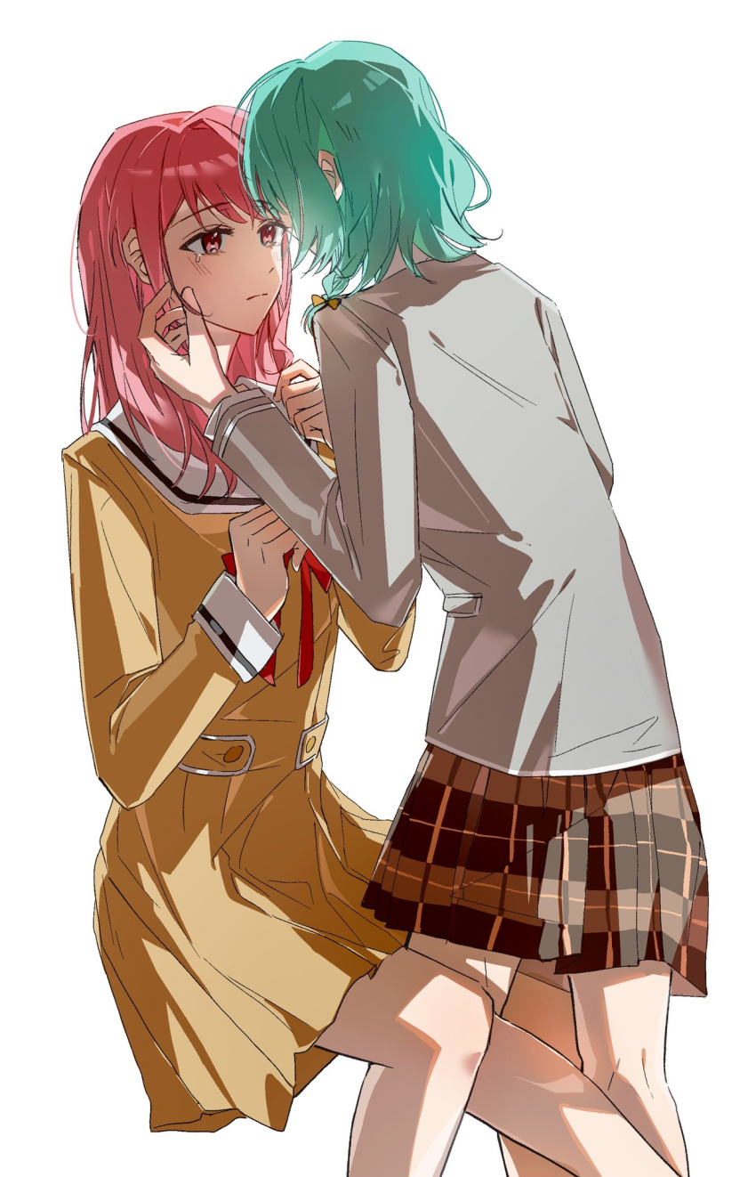 2girls, aqua_hair, bang_dream!, belt, blush, bow, braid, brown_belt