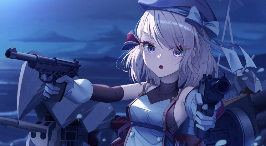 1girl, :o, aiming, aiming_at_viewer, angel_ina, azur_lane, bare_shoulders, beret
