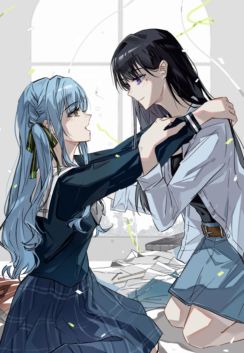 2girls, absurdres, bang_dream!, bang_dream!_it's_mygo!!!!!, belt, black_hair, black_shirt, blue_hair