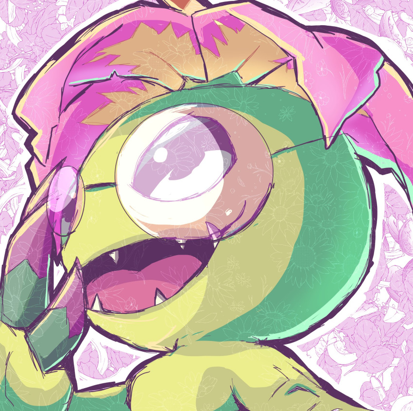 close-up, colored_skin, digimon, digimon_(creature), fangs, flower, green_skin, highres, open_mouth, palmon, pink-tinted_eyewear, round_eyewear, solo, sunglasses, tinted_eyewear, tongue, youwantstars