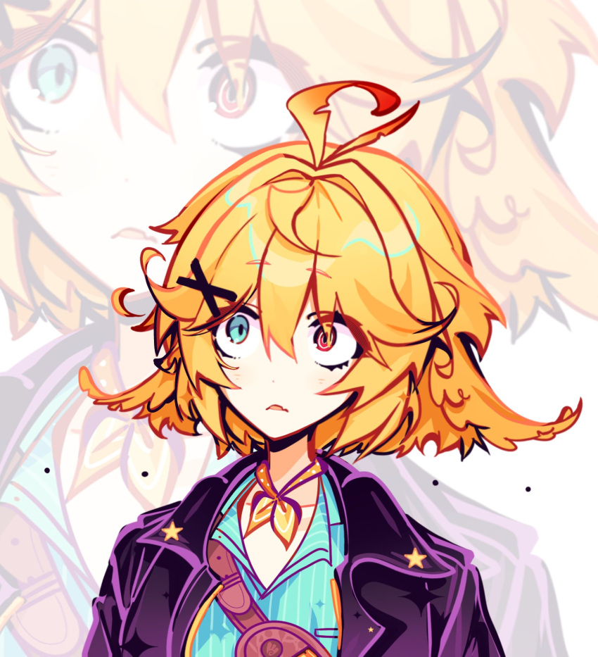 1girl, ahoge, aqua_eyes, aqua_shirt, black_jacket, blonde_hair, dokibird_(vtuber), dokibird_(vtuber)_(bounty_hunter), fang, frown, hair_ornament, hairclip, highres, indie_virtual_youtuber, jacket, kasukyu9, kasumi_koujou, medium_hair, neckerchief, orange_neckerchief, parted_lips, red_eyes, shirt, skin_fang, solo, upper_body, virtual_youtuber, wide-eyed