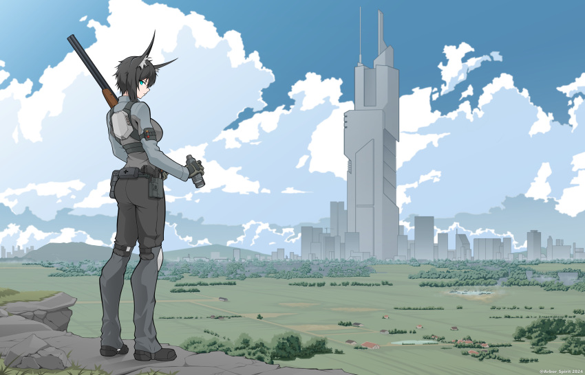 1girl, absurdres, animal_ears, arbor_spirit, artist_name, binoculars, black_hair, breasts