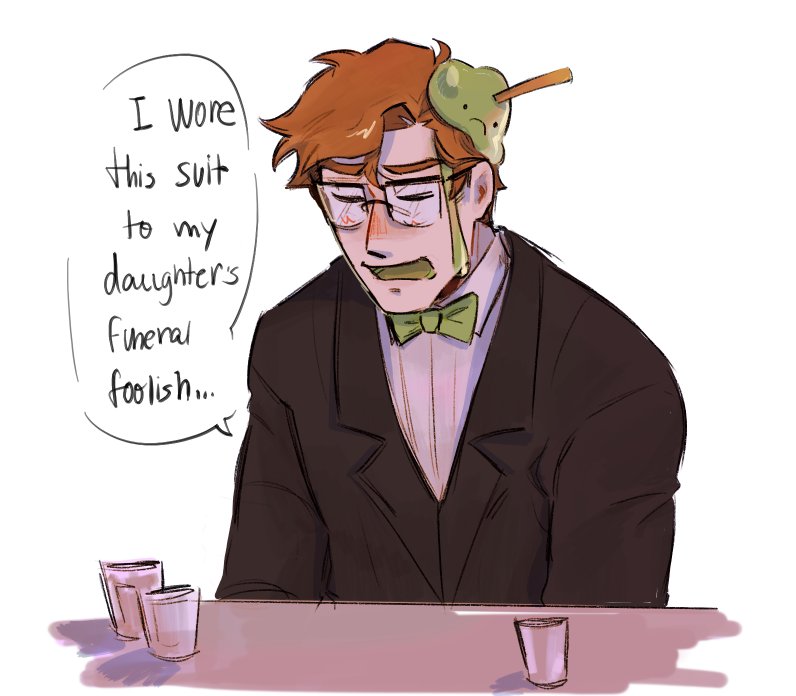 1boy, black_jacket, bow, bowtie, brown_hair, closed_eyes, commentary, cup, english_commentary, english_text, glasses, green_bow, green_bowtie, jacket, male_focus, minecraft_youtube, official_alternate_costume, open_mouth, quackity_smp, sketch, slime_(substance), slimecicle, solo, speech_bubble, suit, unit_ssn0va, white_background