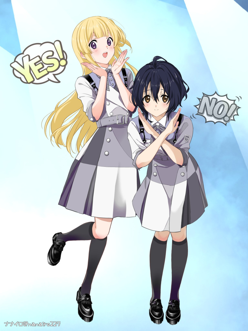 22/7, ahoge, artist_name, belt, black_footwear, black_socks, blonde_hair, blue_background