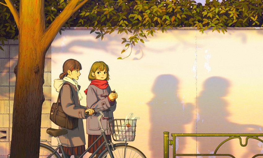 2girls, absurdres, bag, bicycle, bicycle_basket, black_hair, black_skirt, brown_hair