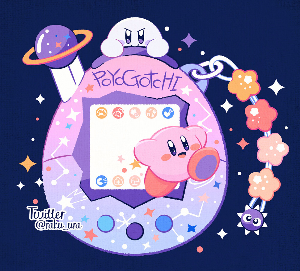 blue_background, blush_stickers, charm_(object), commentary, english_commentary, english_text, happy, kirby
