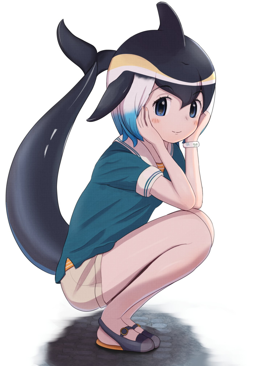 1girl, black_footwear, black_hair, blonde_hair, blowhole, blue_eyes, blue_hair, blue_shirt, blush, casual, cetacean_tail, common_dolphin_(kemono_friends), dolphin_girl, dorsal_fin, fins, fish_tail, grey_shorts, hair_between_eyes, hands_on_own_cheeks, hands_on_own_face, harusan_adelie, head_fins, highres, kemono_friends, kemono_friends_3, looking_at_viewer, multicolored_hair, official_alternate_costume, shirt, short_hair, short_shorts, short_sleeves, shorts, sidelocks, smile, solo, t-shirt, tail, white_hair