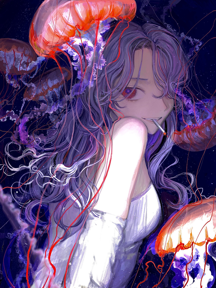 1girl, absurdres, bare_shoulders, cigarette, dress, elbow_gloves, gloves, grin