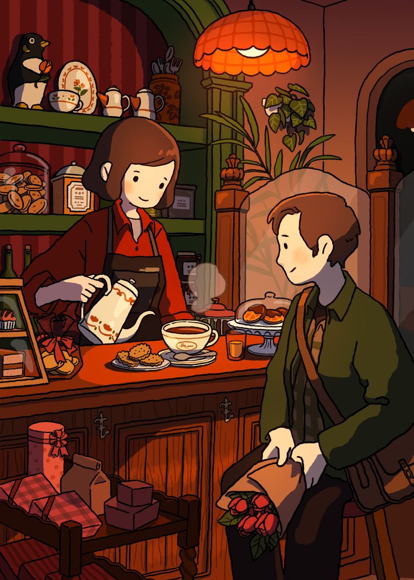 1boy, 1girl, absurdres, apron, bag, barista, black_apron, black_pants