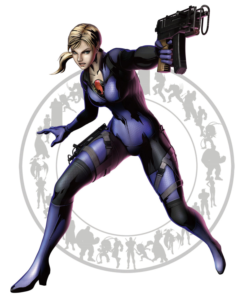 amulet, blonde_hair, blue_eyes, bodysuit, capcom, gun, handgun, highres, holster, jill_valentine, machine_pistol, marvel, marvel_vs._capcom, marvel_vs._capcom_3, marvel_vs_capcom, marvel_vs_capcom_3, mori_toshiaki, official_art, ponytail, resident_evil, resident_evil_5, shinkiro, skin_tight, skorpion_vz._61, solo, submachine_gun, thigh_strap, uniform, weapon