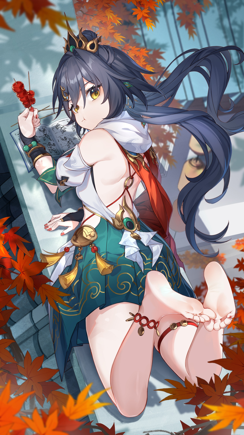 1girl, absurdres, armpit_crease, autumn, autumn_leaves, back, bare_back, bare_legs