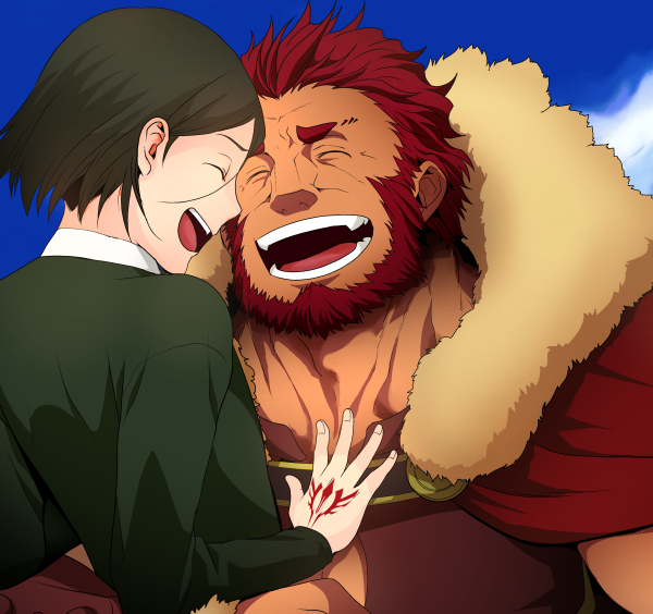 2boys, beard, cape, command_spell, facial_hair, fate/zero, fate_(series), happy