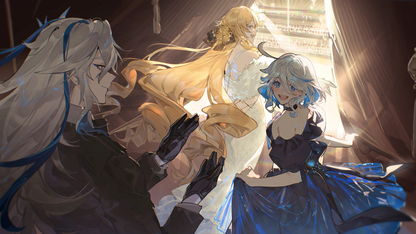 1boy, 2girls, absurdres, ahoge, black_gloves, blonde_hair, blue_dress, blue_eyes