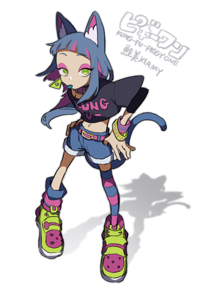 1girl, 2023, animal_ears, blue_hair, blue_tongue, cat_ears, cat_girl, cat_tail, character_name, clothes_writing, colored_inner_hair, colored_tongue, earrings, green_eyes, green_footwear, hand_on_own_hip, highres, jewelry, kung-fu-piggy, looking_at_viewer, multicolored_hair, sammy_(kung-fu-piggy), shadow, socks, streaked_hair, striped_clothes, striped_socks, tail, tarou_(the_za_tsu), tongue, tongue_out, triangle_earrings, two-tone_hair