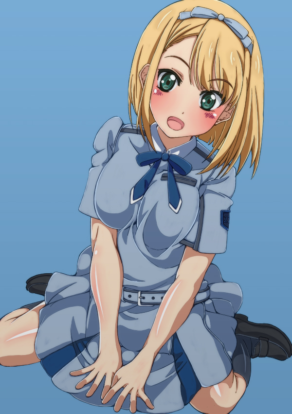 1girl, 22/7, :d, belt, between_legs, black_footwear, black_socks, blonde_hair