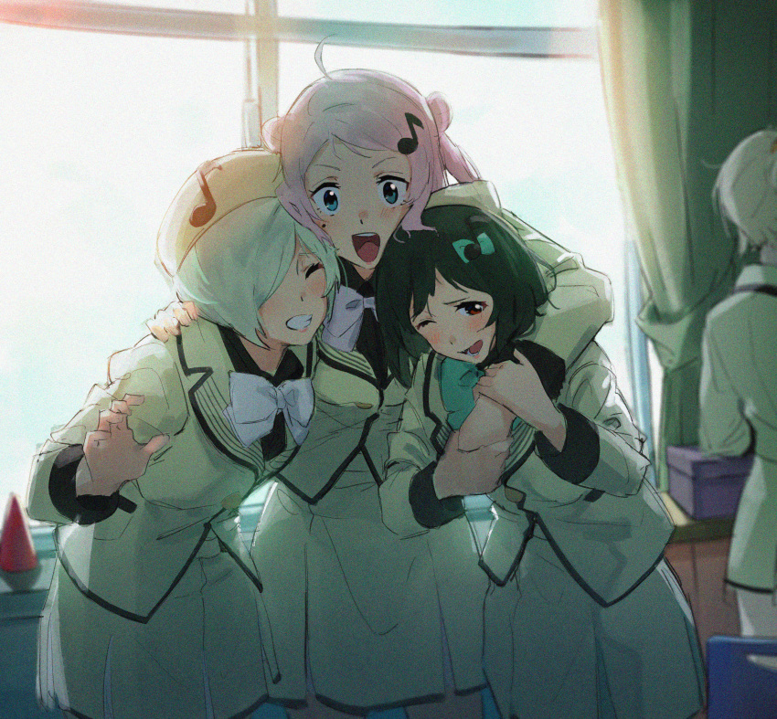 4girls, :d, ;d, ^_^, ahoge, arm_around_neck, black_hair, blue_eyes