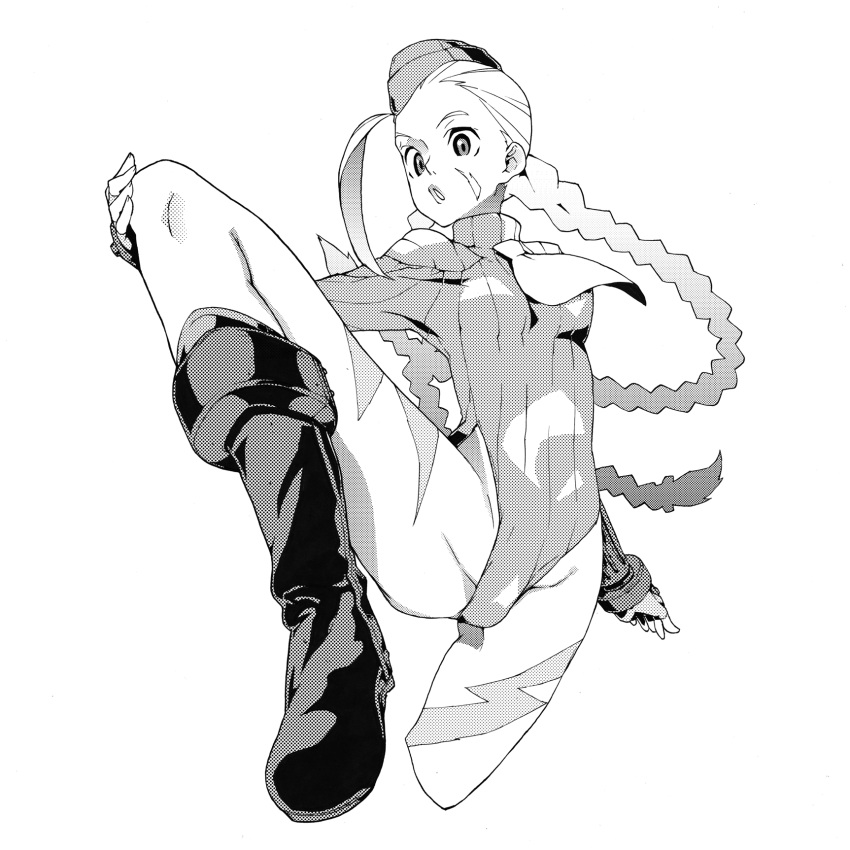 artist_request, boots, braid, cammy_white, capcom, fingerless_gloves, gloves, hat, highres, leotard, monochrome, solo, street_fighter, twin_braids, wild007
