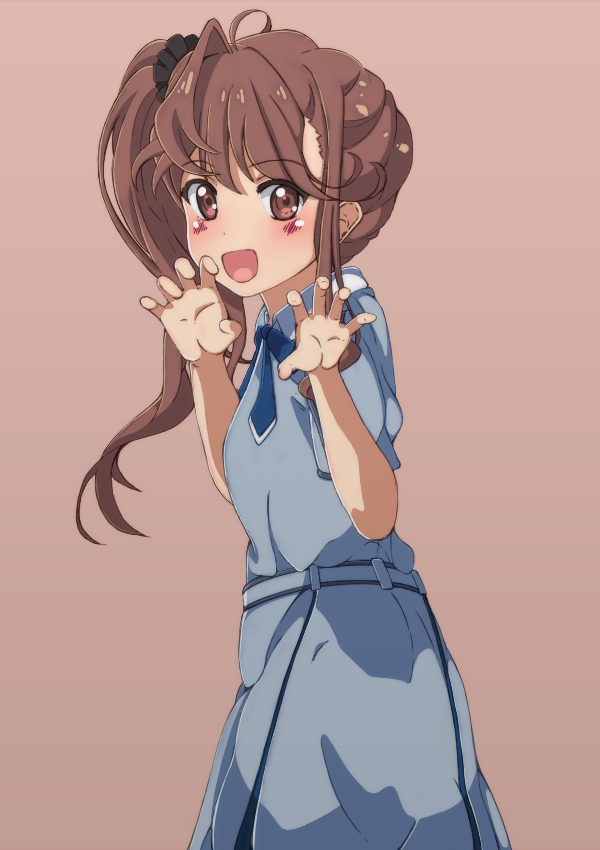 1girl, 22/7, :d, belt, black_scrunchie, blue_bow, blue_bowtie, blue_dress