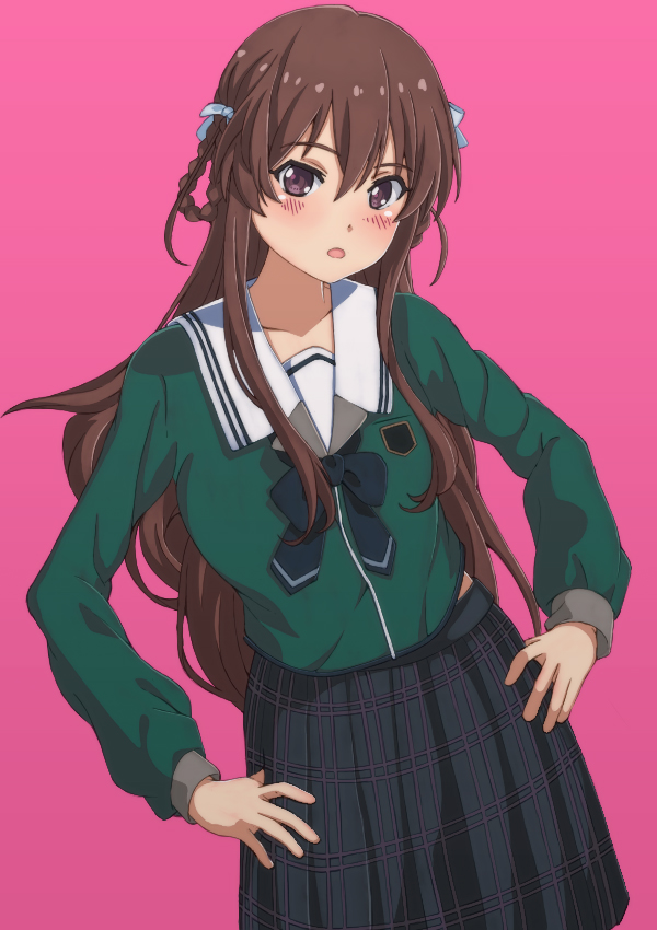1girl, 22/7, :o, black_bow, black_bowtie, black_skirt, blush, bow