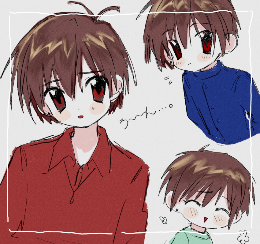 1boy, antenna_hair, blue_shirt, blush, border, brown_hair, closed_eyes, closed_mouth, collared_shirt, di_gi_charat, di_gi_charat_(1999), green_shirt, grey_background, highres, looking_at_viewer, male_focus, minagawa_takurou, multiple_views, open_mouth, pepeppepe101, red_eyes, red_shirt, shirt, short_hair, smile, white_border