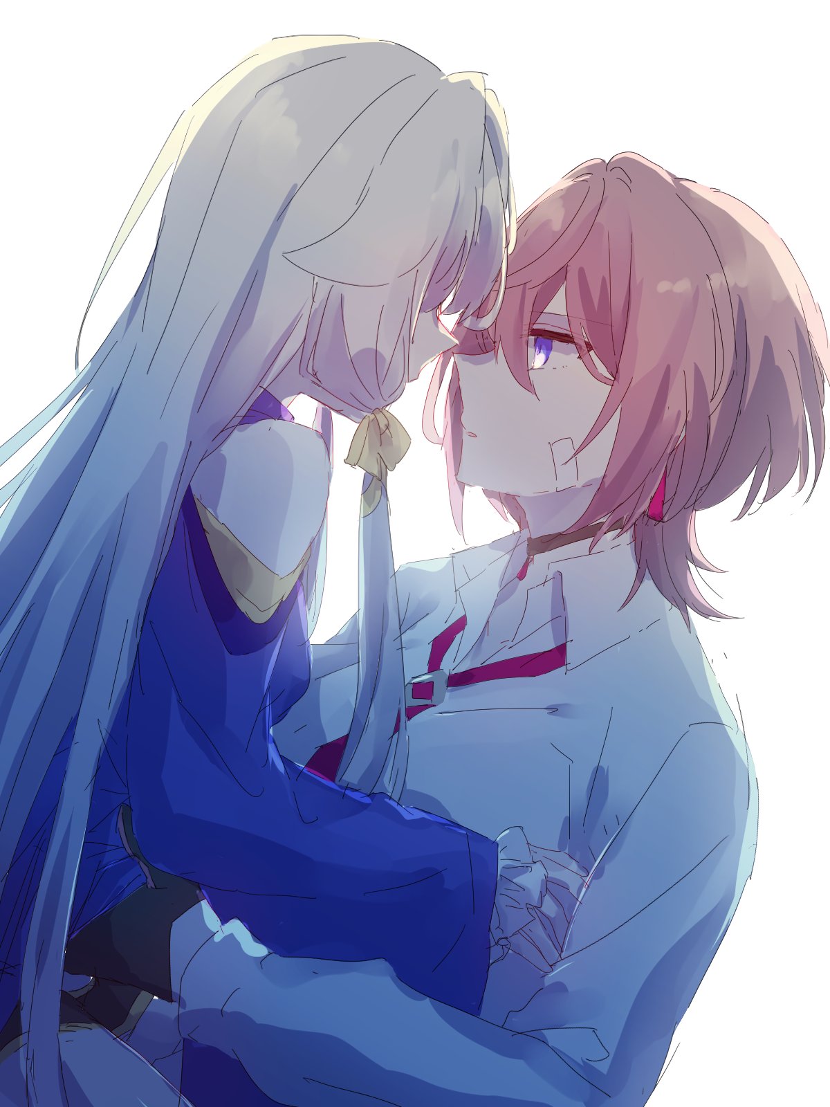 2girls, a_oiui, bandage_on_face, bandages, black_gloves, blue_dress, blue_eyes, brown_hair