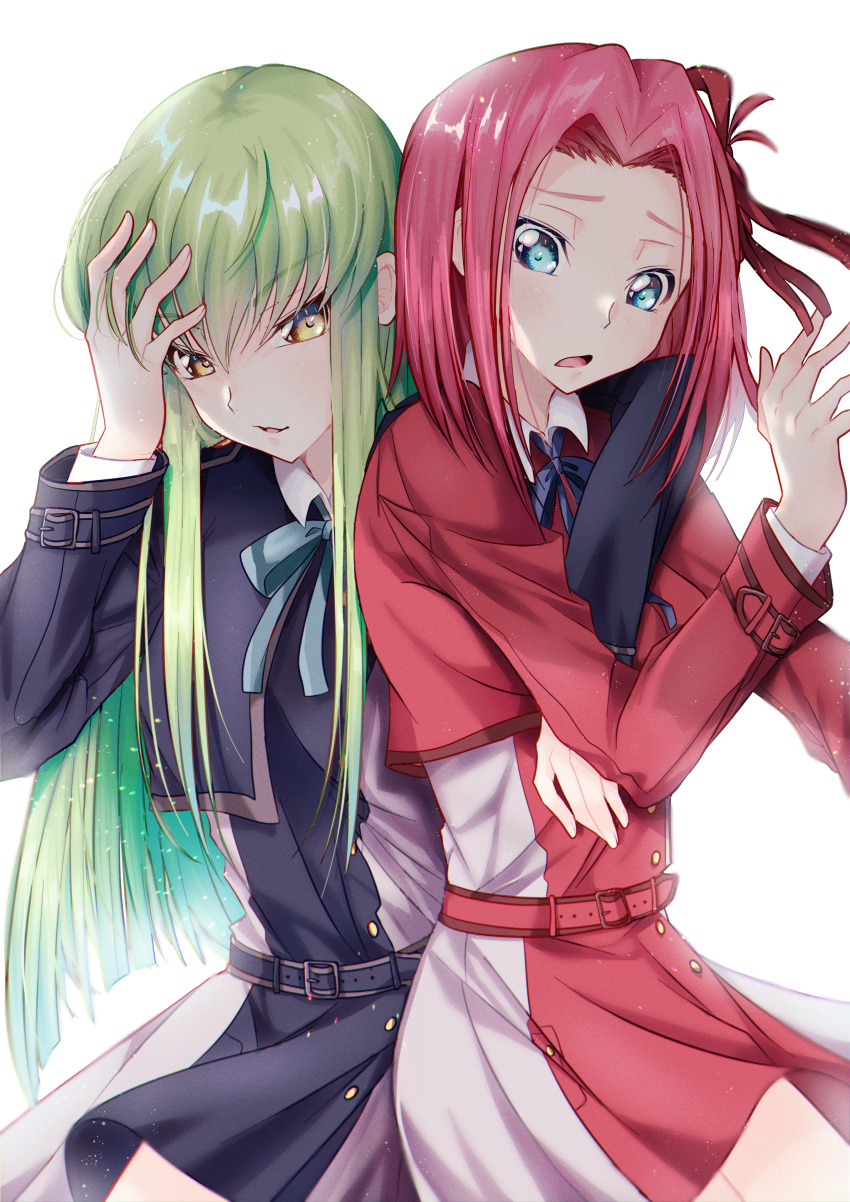 2girls, absurdres, arm_around_neck, arm_around_waist, belt, black_belt, blue_belt, blue_dress