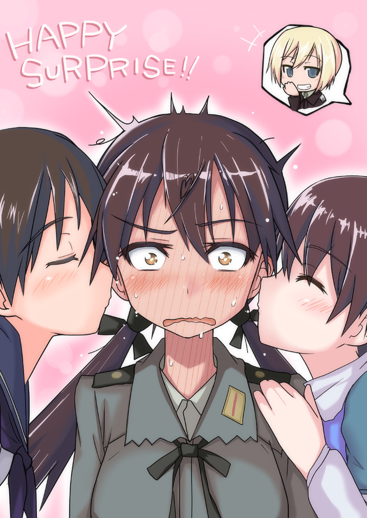 <3, blonde_hair, blue_eyes, blush, brown_hair, cheek_kiss, chris_barkhorn, christiane_barkhorn
