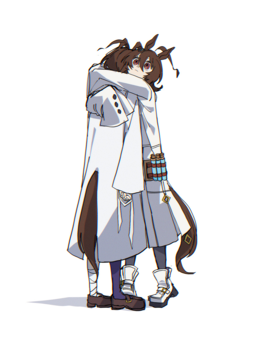 2girls, absurdres, agnes_tachyon_(umamusume), ahoge, arms_around_neck, bandaged_hand, bandaged_leg, bandages, brown_footwear, brown_hair, chemical_structure, clone, earrings, hair_ribbon, high_heels, highres, horse_girl, horse_tail, hug, huge_ahoge, implied_injury, jewelry, lab_coat, light_frown, long_sleeves, loose_bandages, mary_janes, medium_hair, multiple_girls, purple_thighhighs, red_eyes, ribbon, shoes, simple_background, single_earring, single_thighhigh, sleeves_past_fingers, sleeves_past_wrists, tail, test_tube, thigh-highs, tiptoes, uma2_0429, umamusume, white_background, white_footwear, wolf_cut