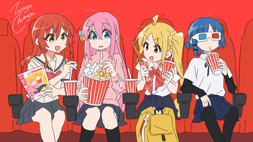 3d_glasses, 4girls, ahoge, black_pantyhose, blue_eyes, blue_hair, bocchi_the_rock!, bucket