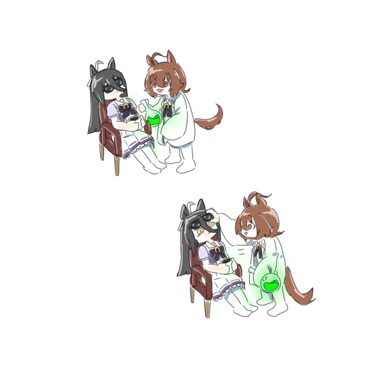 2girls, adjusting_another's_eyewear, agnes_tachyon_(umamusume), ahoge, animal_ears, black_hair, brown_hair, chair