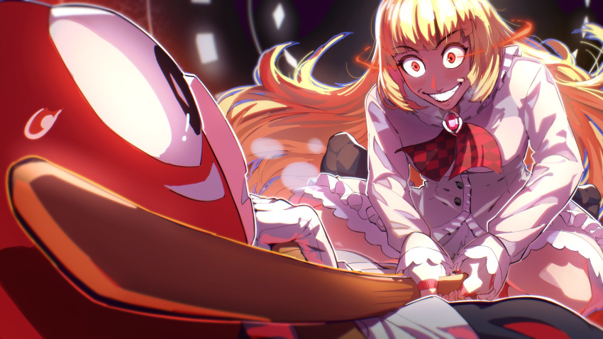 1girl, absurdres, blonde_hair, character_request, checkered_ribbon, copyright_request, fingerless_gloves, frilled_jacket