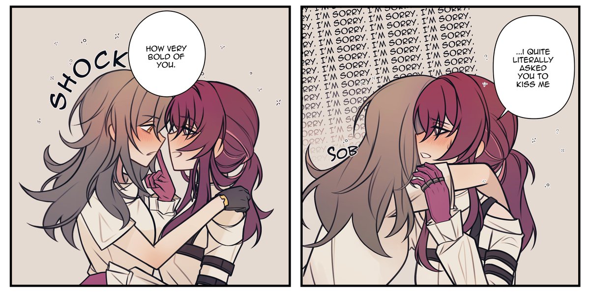 2girls, birdburglar99, black_gloves, blush, commentary, english_commentary, english_text, eye_contact