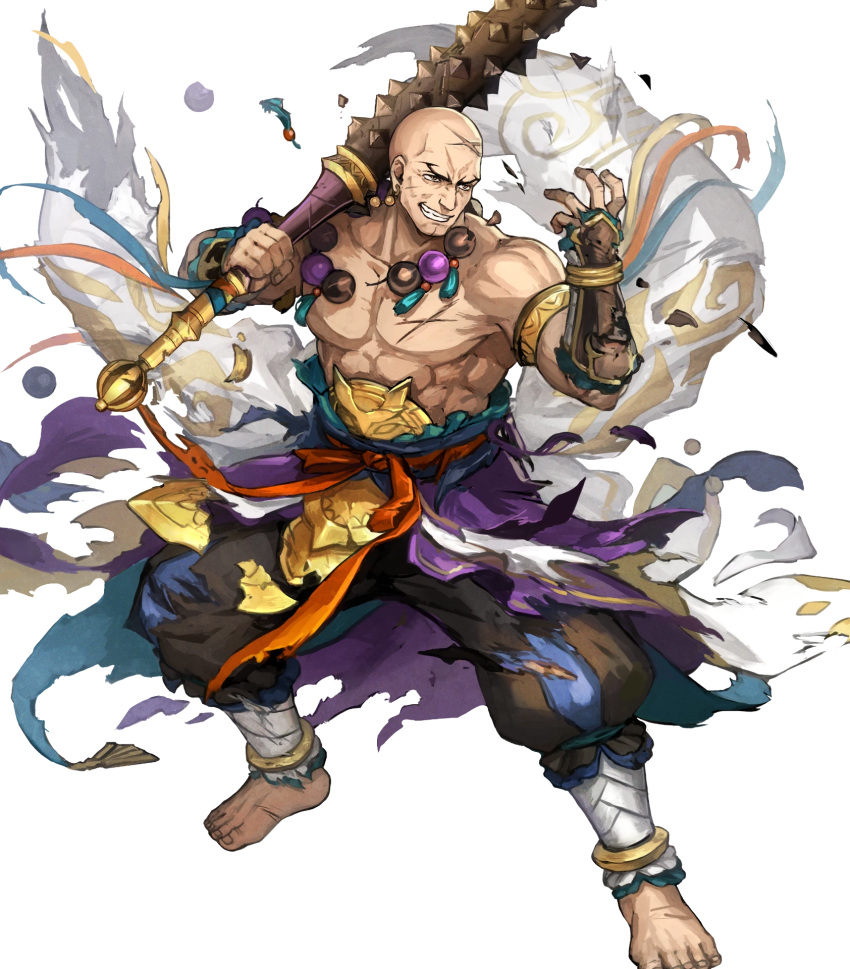 1boy, armlet, bald, barefoot, broken, broken_weapon, club_(weapon), earrings