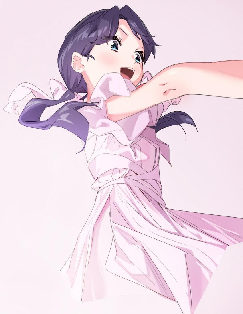 1girl, :d, blue_eyes, blue_hair, commentary, cropped_legs, dark_blue_hair, dress