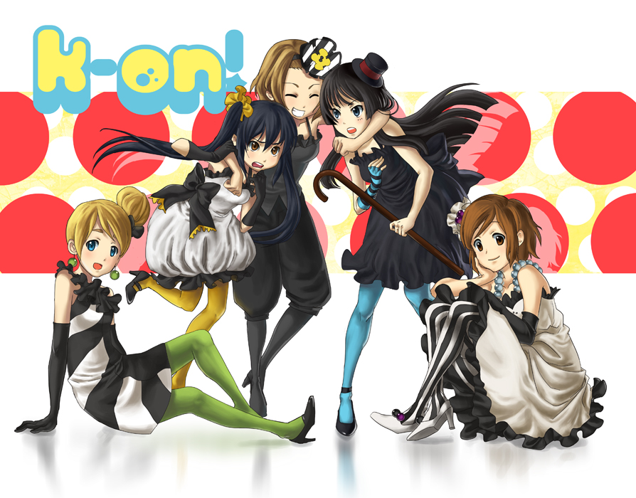 akiyama_mio, aqua_legwear, bangs, black_hair, blonde_hair, blue_eyes, blunt_bangs, bow, brown_eyes, brown_hair, cane, don't_say_lazy, don't_say_"lazy", don't_say_lazy, dress, earrings, elbow_gloves, frills, gloves, green_legwear, hair_bun, hat, high_heels, hirasawa_yui, jewelry, k-on!, kotobuki_tsumugi, mini_top_hat, multiple_girls, nakano_azusa, necklace, open_mouth, pantyhose, shoes, short_hair, smile, striped, tainaka_ritsu, top_hat, twintails, vertical-striped_legwear, vertical_stripes, yellow_legwear