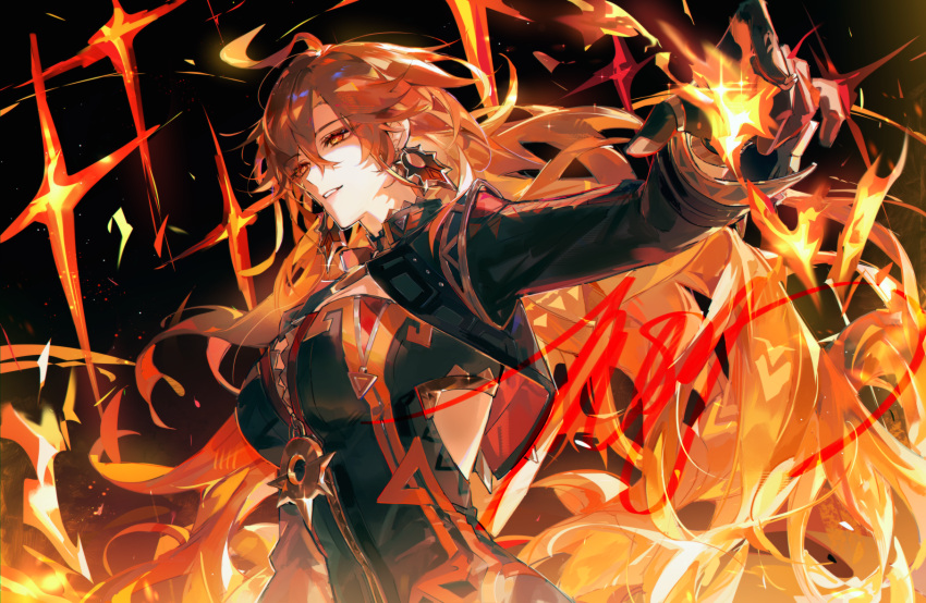 1girl, arm_up, back_cutout, black_bikesuit, black_gloves, black_jacket, clothing_cutout, commentary, cropped_jacket, earrings, fire, genshin_impact, gloves, hair_between_eyes, highres, jacket, jewelry, long_hair, long_sleeves, mavuika_(genshin_impact), mors_gn, parted_lips, red_eyes, redhead, solo, upper_body, very_long_hair, zipper